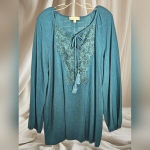 Suzanne Betro Teal Stretch Knit Long Balloon Sleeves Lace Yoke Tie Neck Tunic-1X